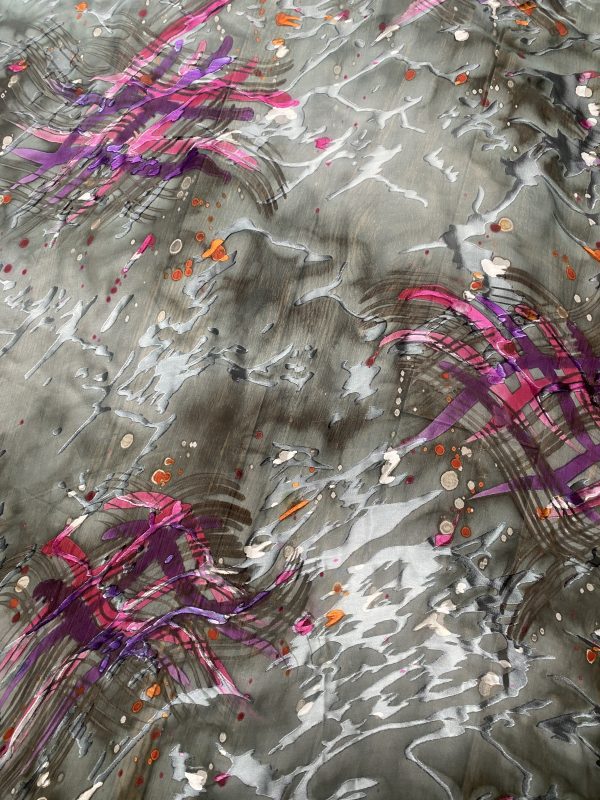 Silk Burnout Hand Painted Gray and Pink fabric